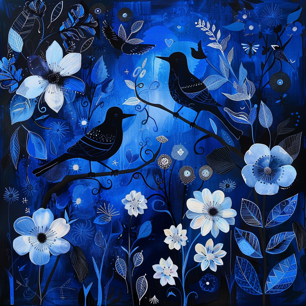 a lovely blue and black day with flowers and birds