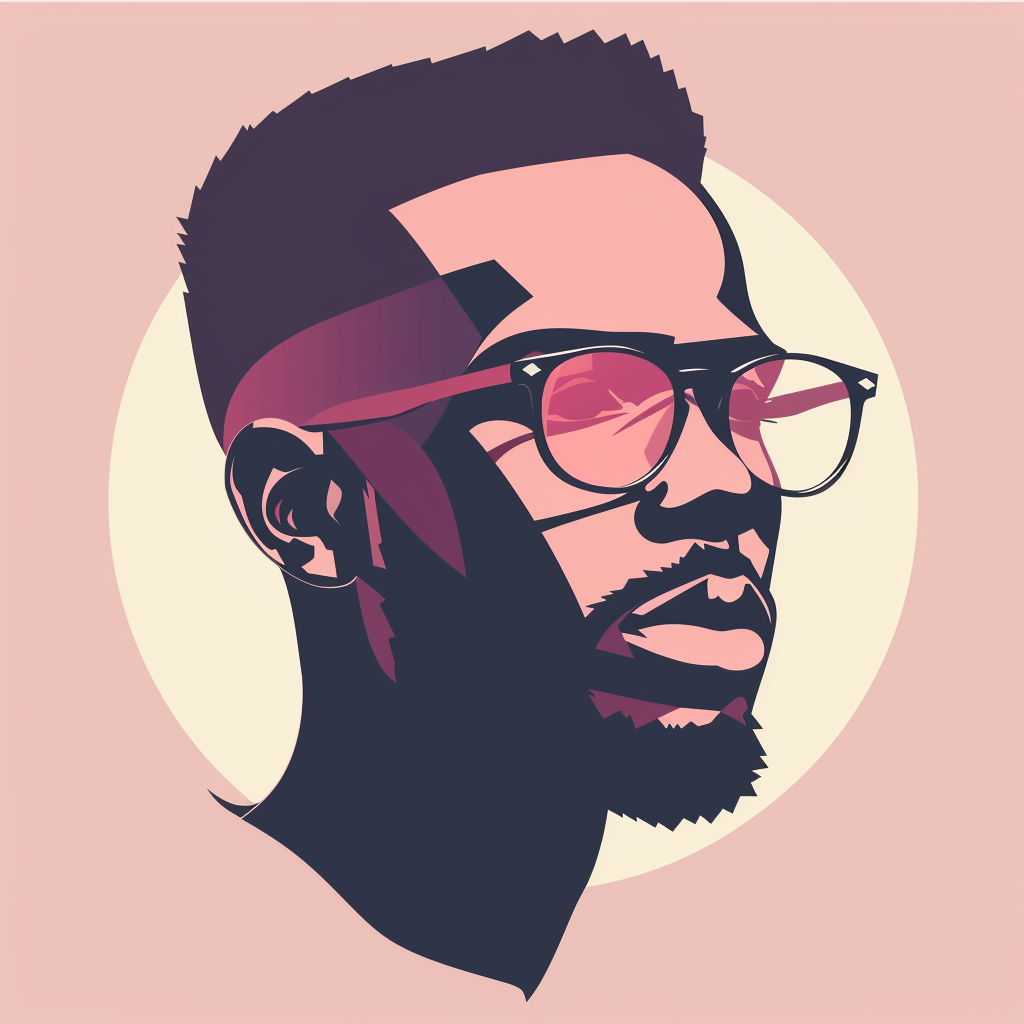 A minimalist vector design, graphically simplified, a geometric shape macho muscle black african man with short hair and beard, wear glasses, vintage & retro color, geometric shape, avatar, frontal shot  --no branch, tree, leaves