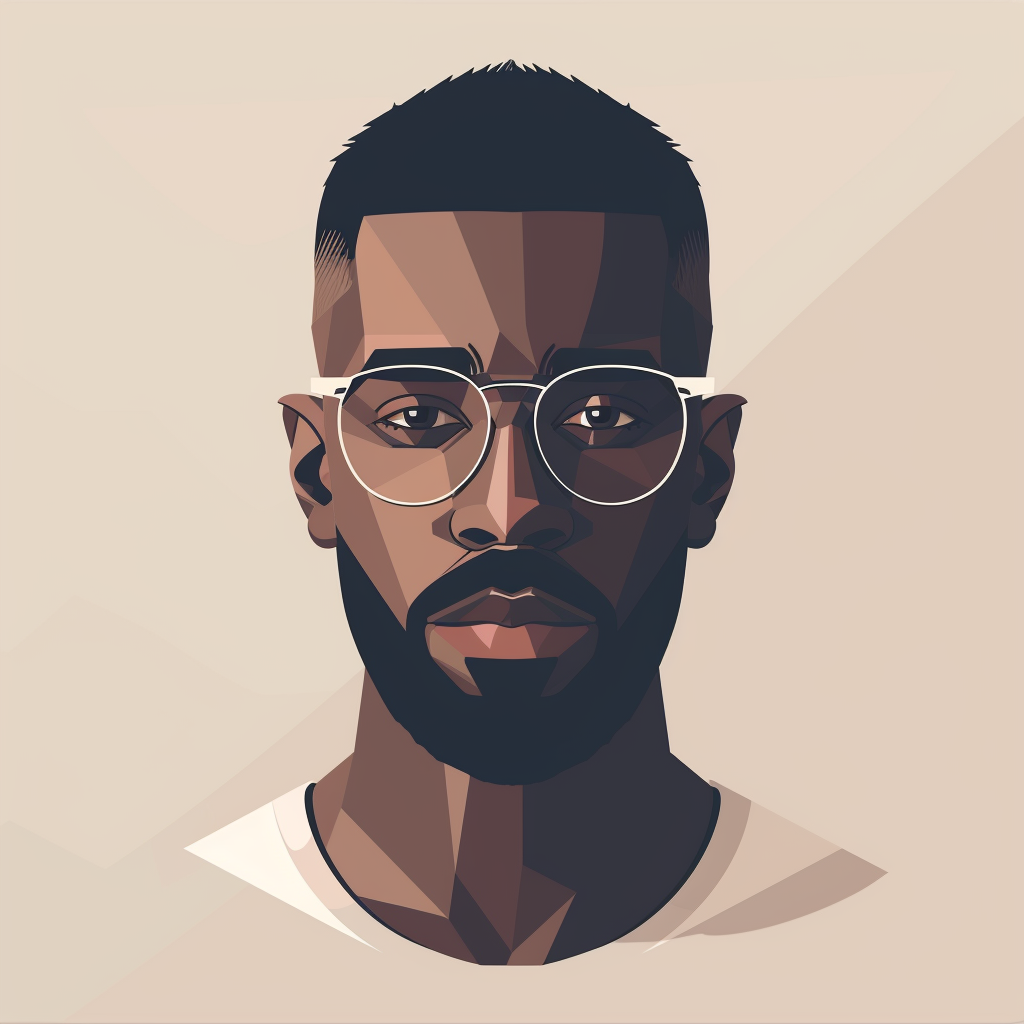 A minimalist vector design, graphically simplified, a geometric shape macho muscle black african man with short hair and beard, wear glasses, vintage & retro color, geometric shape, avatar, frontal shot  --no branch, tree, leaves