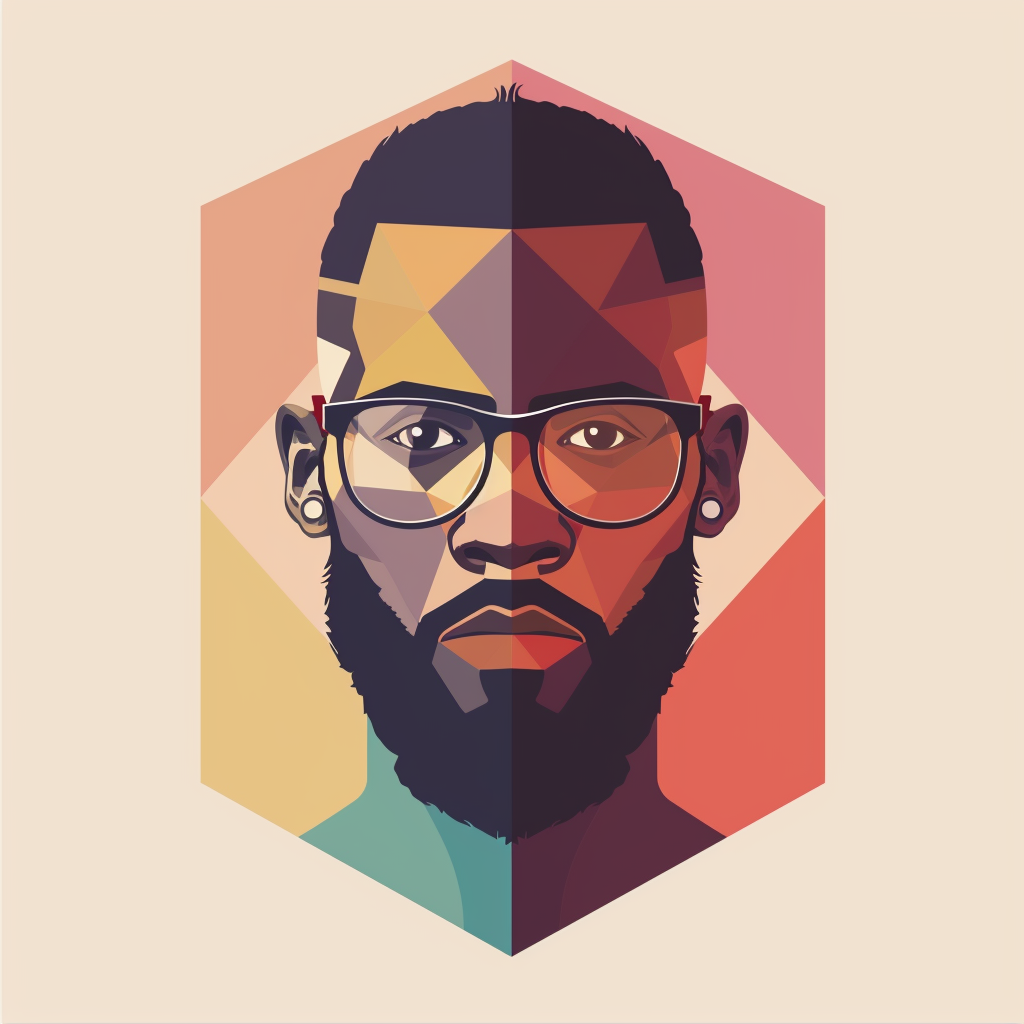 A minimalist vector design, graphically simplified, a geometric shape macho muscle black african man with short hair and beard, wear glasses, vintage & retro color, geometric shape, avatar, frontal shot  --no branch, tree, leaves