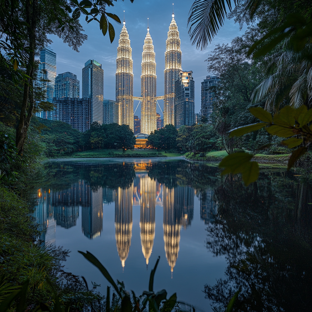 a landscape of picture of Petronas win towers in Kuala Lumpur  ,Sony α7 III camera with a 85mm lens at F 1.2 aperture setting to blur the background and isolate the subject. The image should be shot in high resolution and in a 1:1 aspect ratio with photorealism mode on to create an ultra-realistic image that captures the landscape's natural beauty and personality