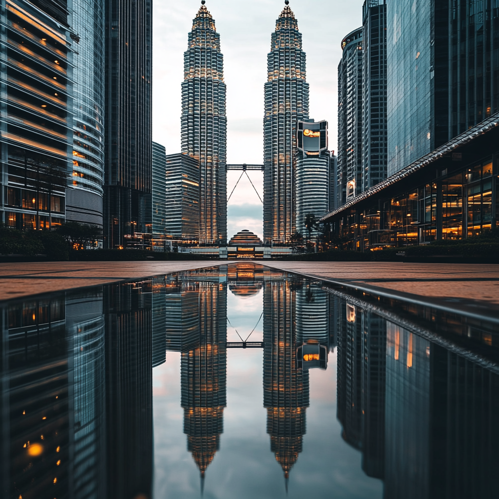 a landscape of picture of Petronas win towers in Kuala Lumpur  ,Sony α7 III camera with a 85mm lens at F 1.2 aperture setting to blur the background and isolate the subject. The image should be shot in high resolution and in a 1:1 aspect ratio with photorealism mode on to create an ultra-realistic image that captures the landscape's natural beauty and personality