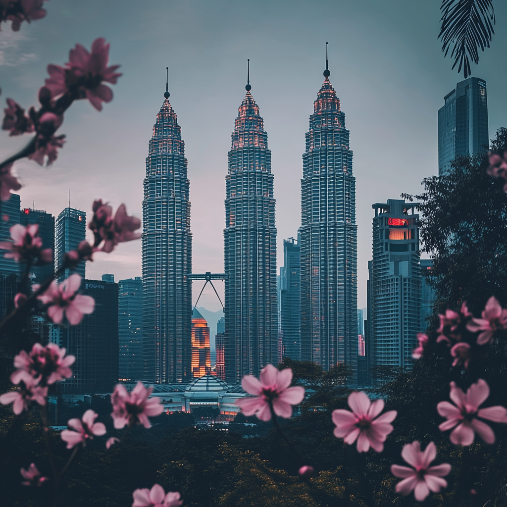 a landscape of picture of Petronas win towers in Kuala Lumpur  ,Sony α7 III camera with a 85mm lens at F 1.2 aperture setting to blur the background and isolate the subject. The image should be shot in high resolution and in a 1:1 aspect ratio with photorealism mode on to create an ultra-realistic image that captures the landscape's natural beauty and personality