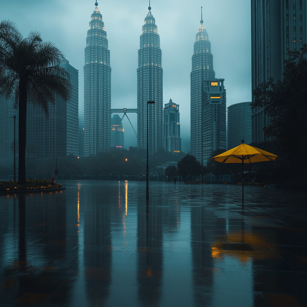 a landscape of picture of Petronas win towers in Kuala Lumpur  ,Sony α7 III camera with a 85mm lens at F 1.2 aperture setting to blur the background and isolate the subject. The image should be shot in high resolution and in a 1:1 aspect ratio with photorealism mode on to create an ultra-realistic image that captures the landscape's natural beauty and personality