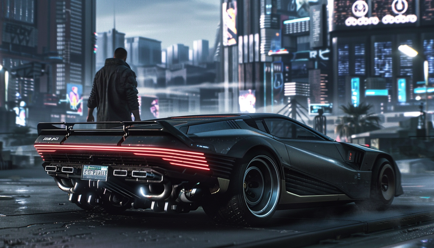 A sleek, futuristic car with glowing lights and dark paint stands in the foreground of an abandoned cityscape at dusk. A figure wearing a long coat is walking away from it towards the camera. The scene has a cinematic quality with soft lighting casting dramatic shadows on buildings. It's a dystopian atmosphere reminiscent of the styles of Blade Runner or Dune movies