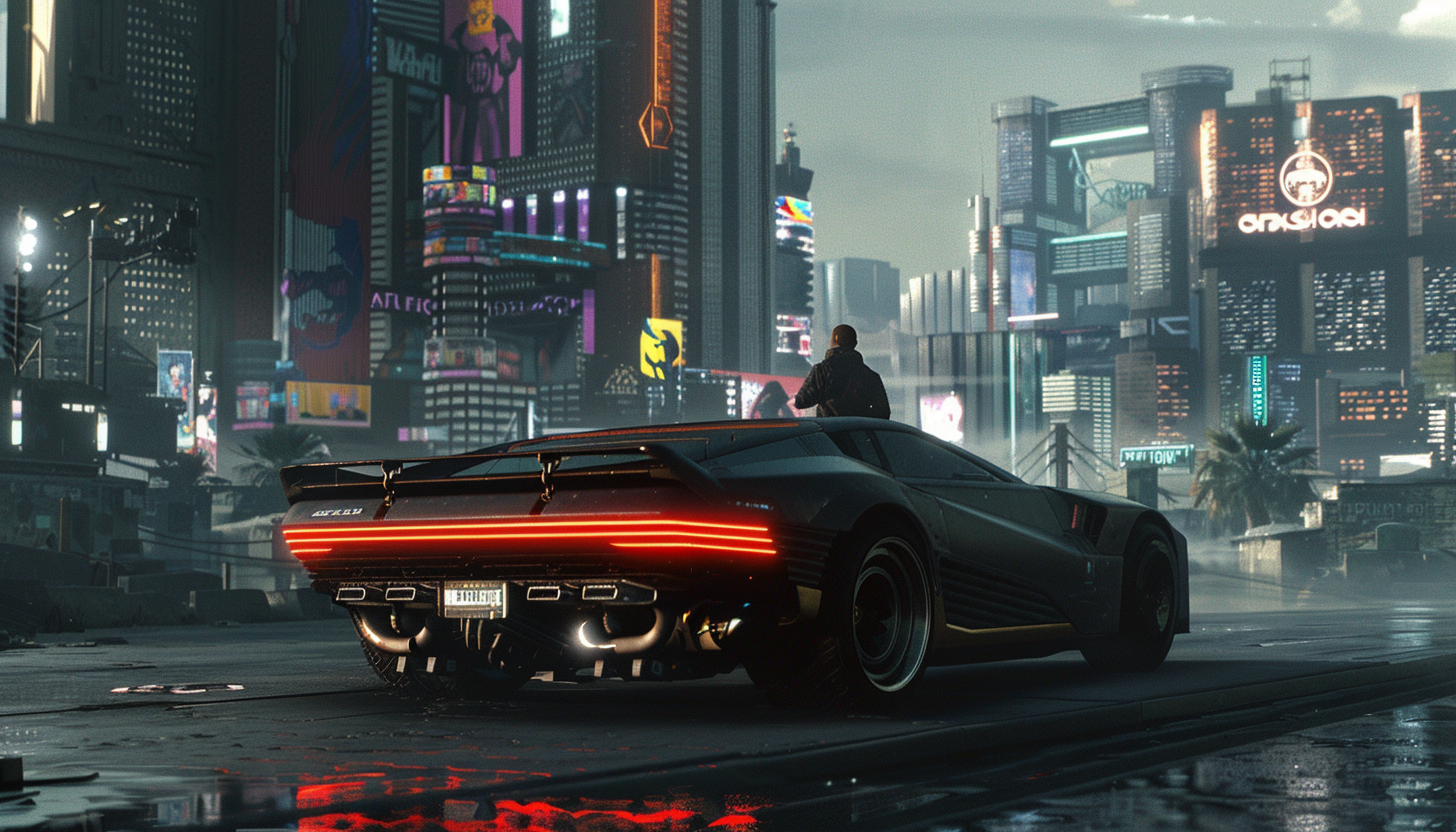 A sleek, futuristic car with glowing lights and dark paint stands in the foreground of an abandoned cityscape at dusk. A figure wearing a long coat is walking away from it towards the camera. The scene has a cinematic quality with soft lighting casting dramatic shadows on buildings. It's a dystopian atmosphere reminiscent of the styles of Blade Runner or Dune movies