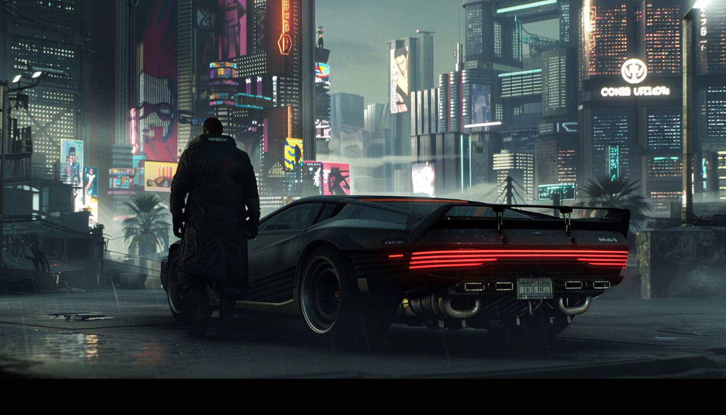 A sleek, futuristic car with glowing lights and dark paint stands in the foreground of an abandoned cityscape at dusk. A figure wearing a long coat is walking away from it towards the camera. The scene has a cinematic quality with soft lighting casting dramatic shadows on buildings. It's a dystopian atmosphere reminiscent of the styles of Blade Runner or Dune movies