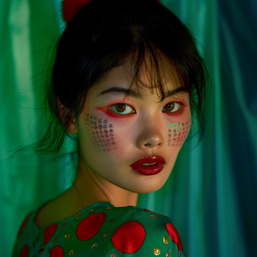 Shot using Hasselblad H6D400c of exotic juicy no smile. The background is bright Hunter Green, creating a striking contrast that highlights Glamour centerfold look. Hip Hop Exotic Chinese pin up models with ((1988's Hip Hop style)). Model poses in front of camera with circus clown makeup serious look. ((Light hazel eyes)). Contrast portrait and fine detail with high motion. Studio lighting. ((Print Ad)) | Billboard| Magazine. HD. 8K. Cinematic. Movie scene. Centered shot. Supermodel face. Full-body to head. dynamic scene. Front view. Motion Blur. --ar 2:3 --v 6