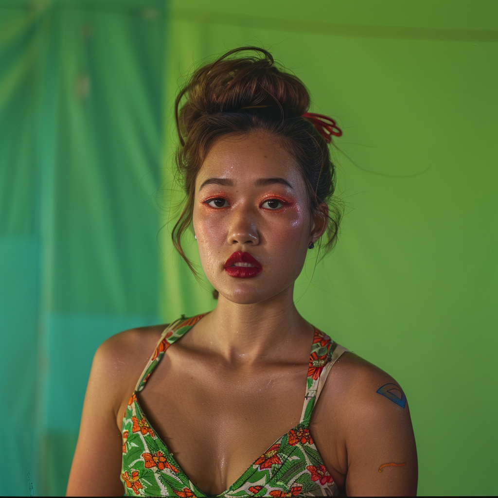 Shot using Hasselblad H6D400c of exotic juicy no smile. The background is bright Hunter Green, creating a striking contrast that highlights Glamour centerfold look. Hip Hop Exotic Chinese pin up models with ((1988's Hip Hop style)). Model poses in front of camera with circus clown makeup serious look. ((Light hazel eyes)). Contrast portrait and fine detail with high motion. Studio lighting. ((Print Ad)) | Billboard| Magazine. HD. 8K. Cinematic. Movie scene. Centered shot. Supermodel face. Full-body to head. dynamic scene. Front view. Motion Blur. --ar 2:3 --v 6