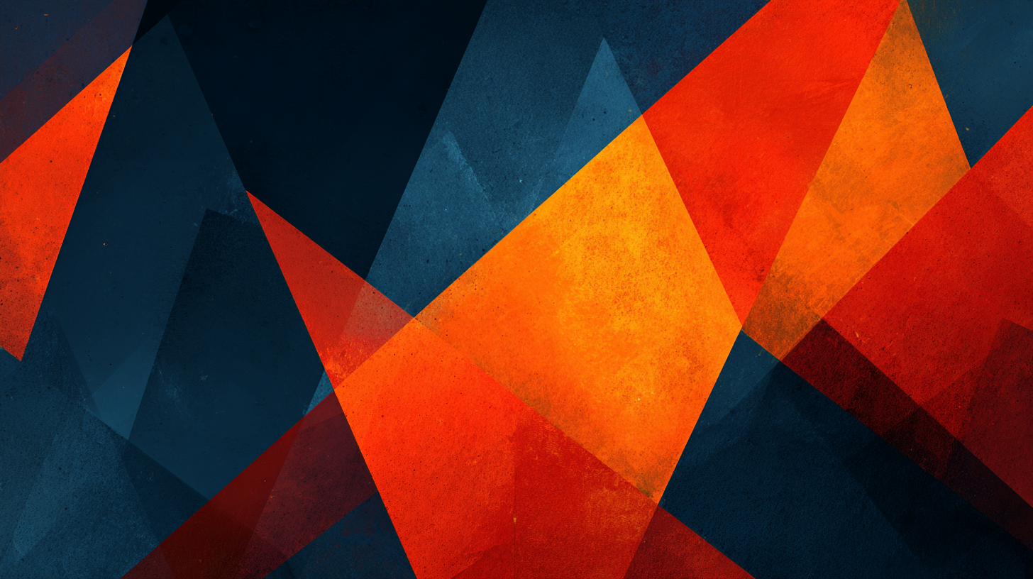 Abstracte geometrische compositie met botsende vormen in donkerblauw en oranje, symboliserend de spanningen tussen Iran en Amerika