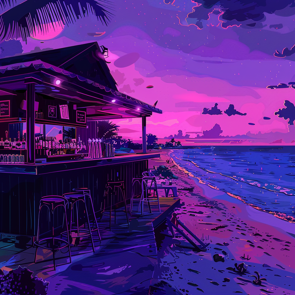 A bar by the beach at a vacation spot that has purple and pink colors in a pop art style during the night.