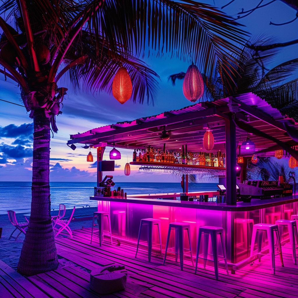 A bar by the beach at a vacation spot that has purple and pink colors in a pop art style during the night.