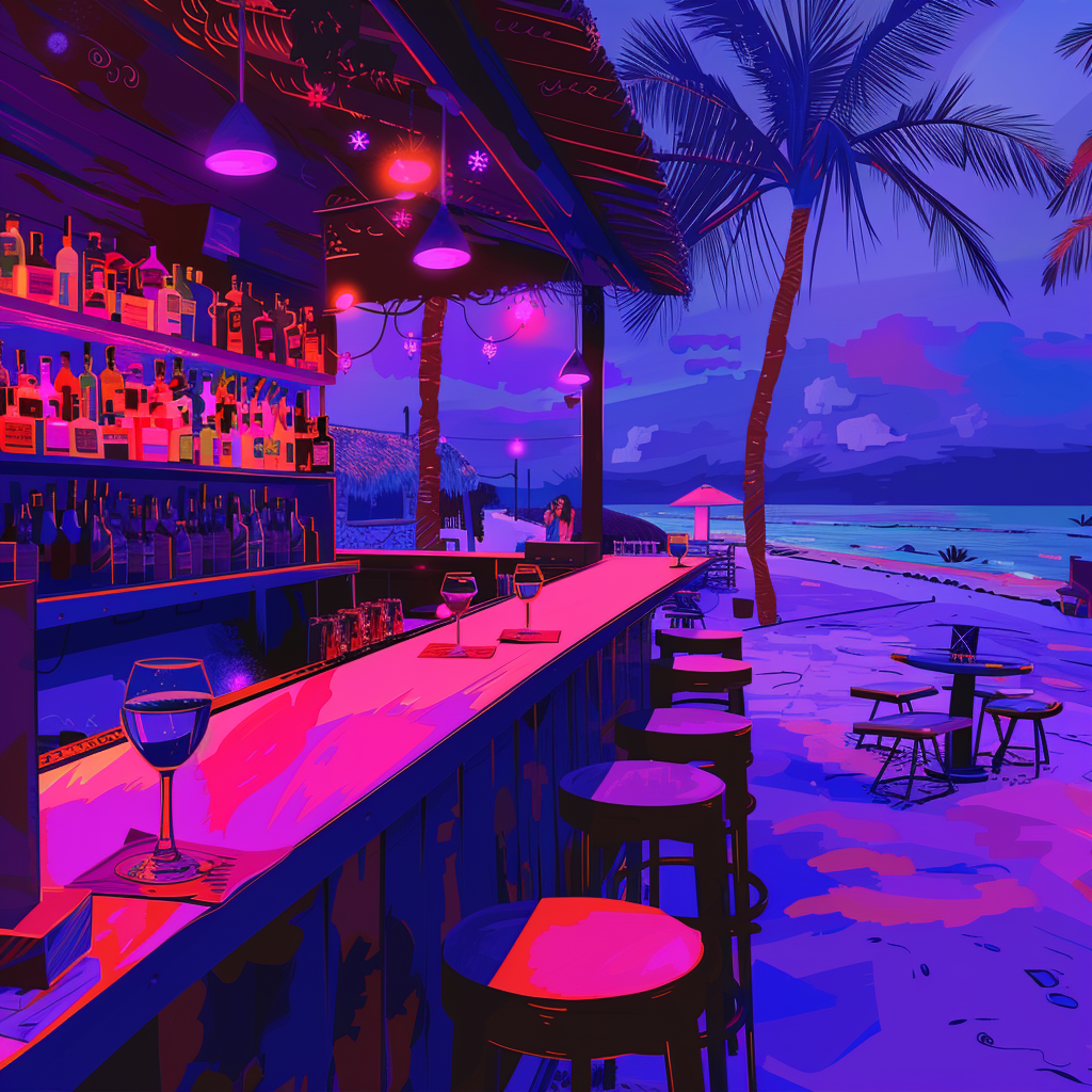 A bar by the beach at a vacation spot that has purple and pink colors in a pop art style during the night.