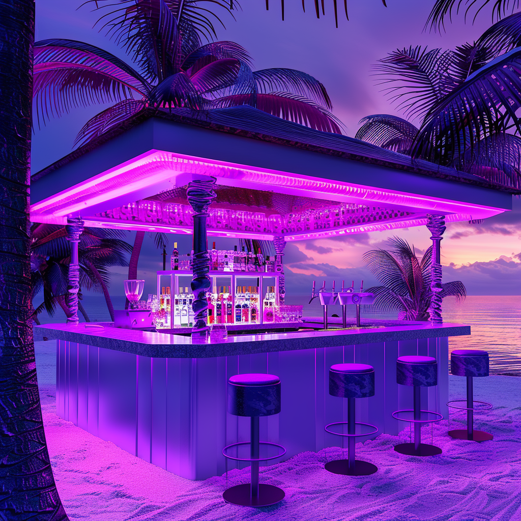 A bar by the beach at a vacation spot that has purple and pink colors in a pop art style during the night.