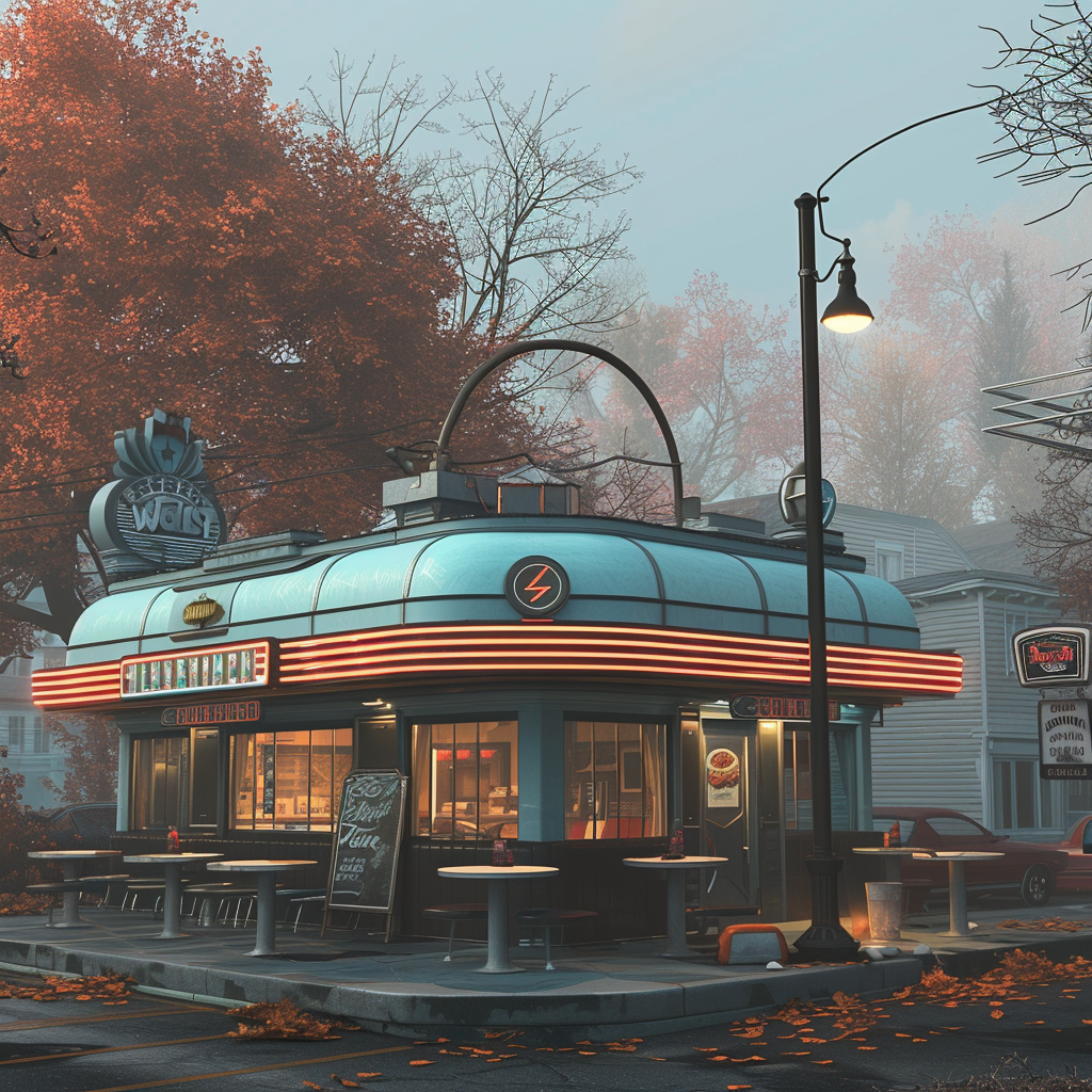 The setting is outside a diner from the 1960s, characterized by monochromatic colors and a vintage atmosphere.