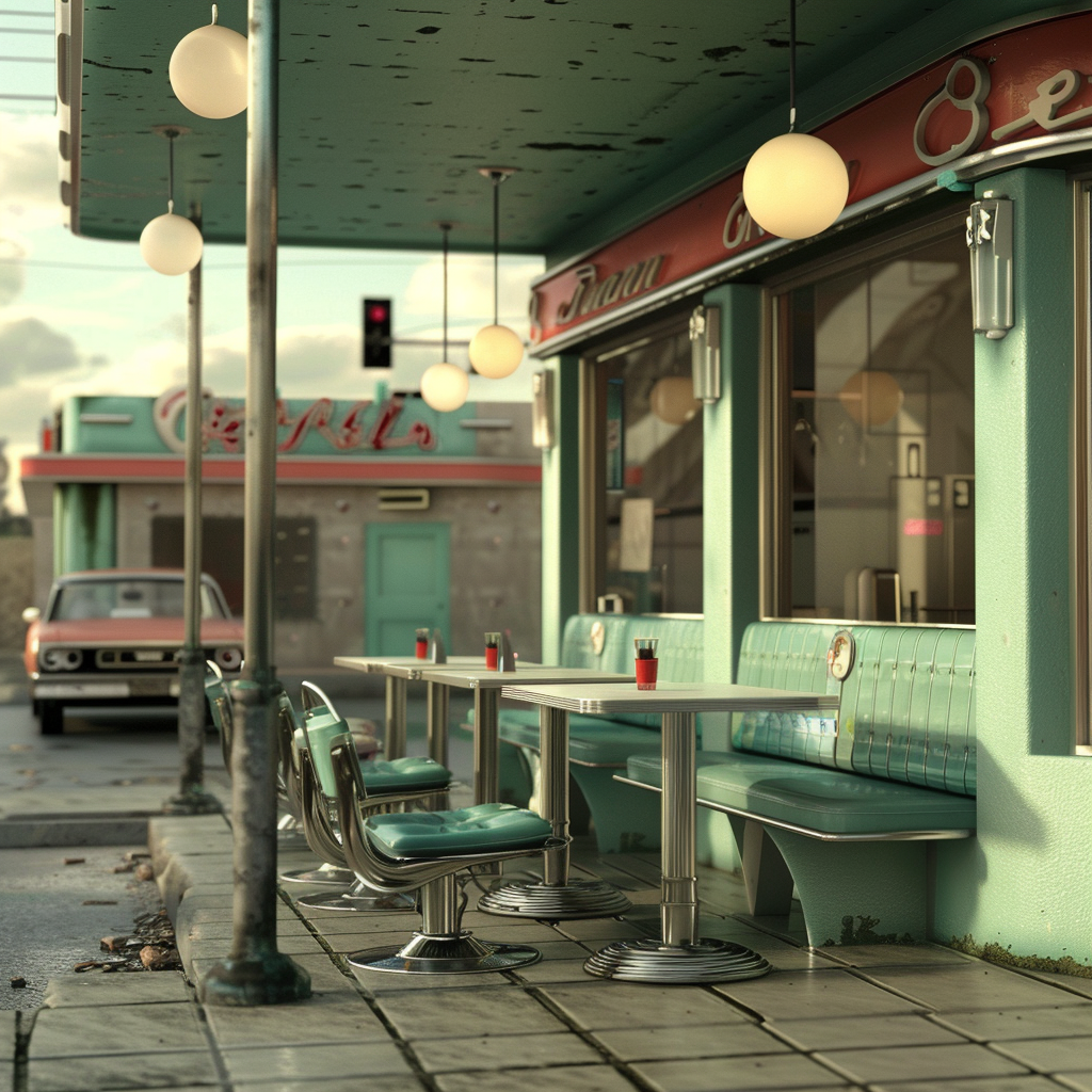 The setting is outside a diner from the 1960s, characterized by monochromatic colors and a vintage atmosphere.