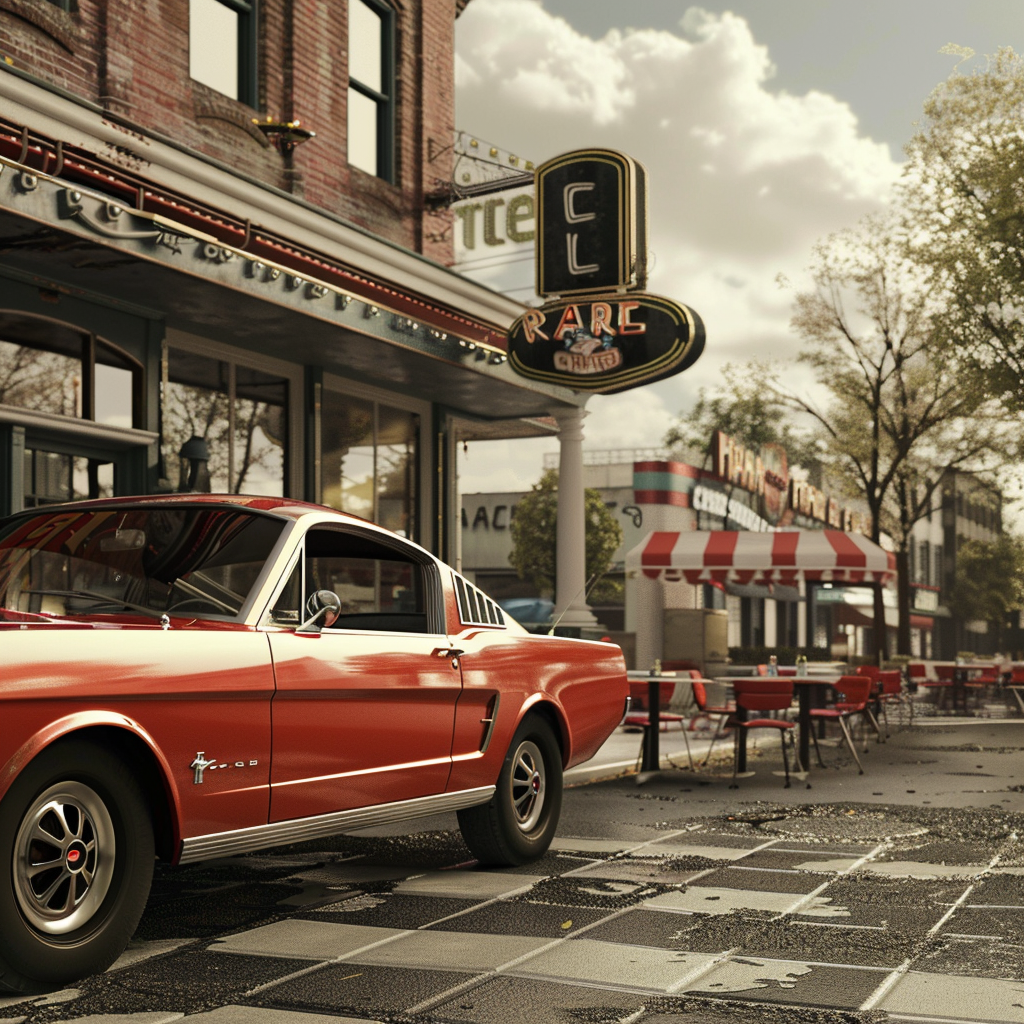 The setting is outside a diner from the 1960s, characterized by monochromatic colors and a vintage atmosphere.