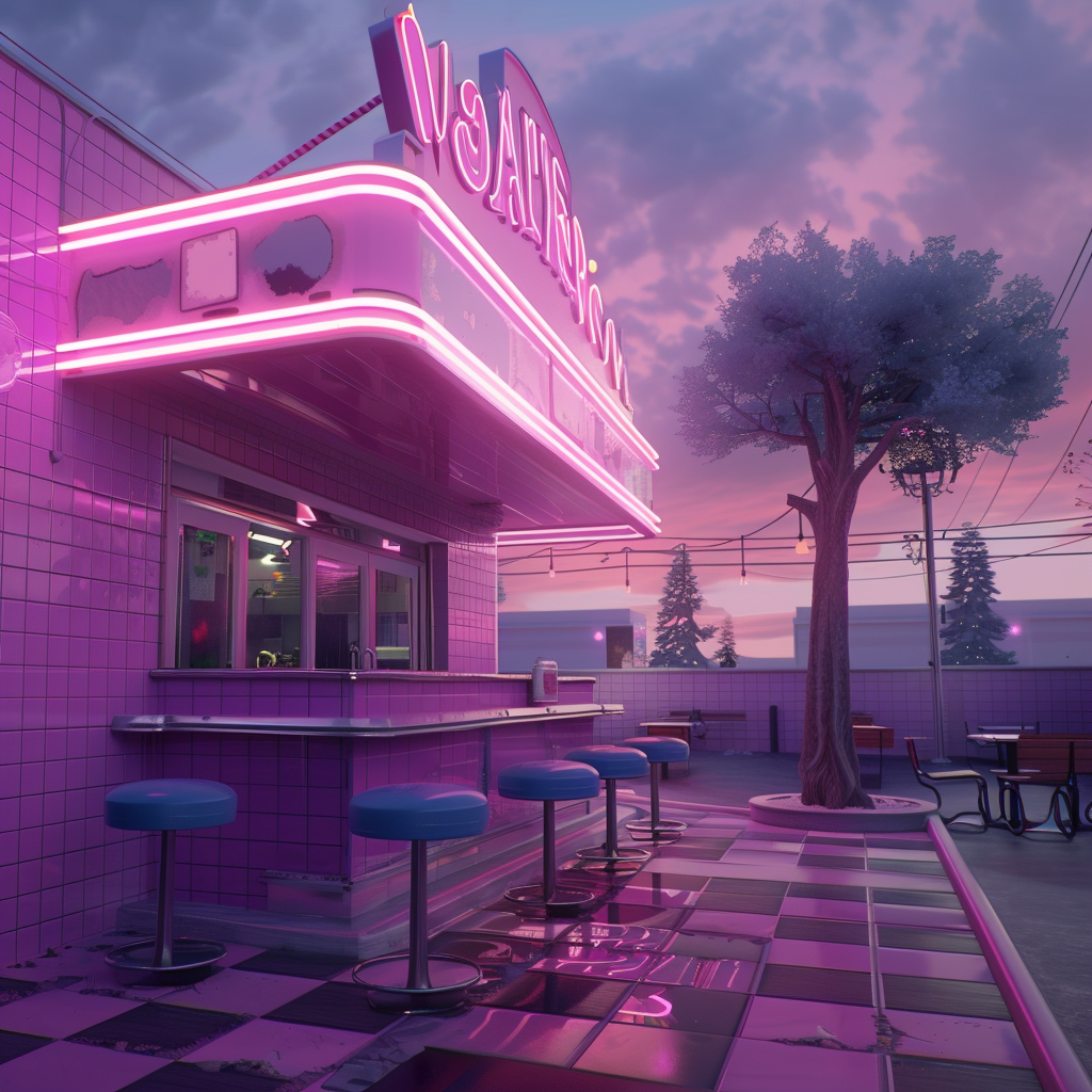 The setting is outside a diner from the 1960s, characterized by monochromatic colors and a vintage atmosphere.