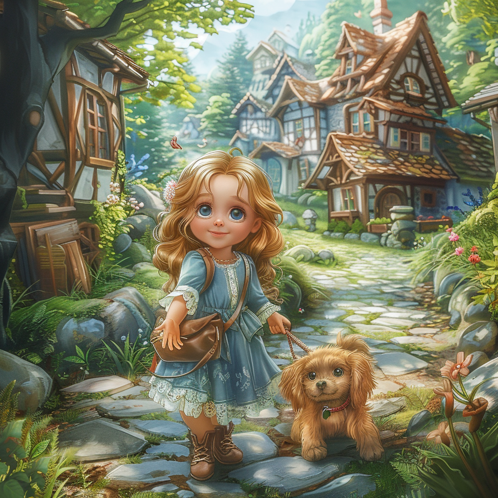 A quaint village with stone-paved paths, wooden cottages, gardens, and meadows. A young girl, 5-6 years old, with golden hair, blue eyes, and a high nose bridge, wearing a blue lace dress and carrying a small backpack, exploring the forest with her medium-sized brown dog, Max, with perky ears and bright eyes. They are discovering sparkling streams and hidden trails in the forest.
