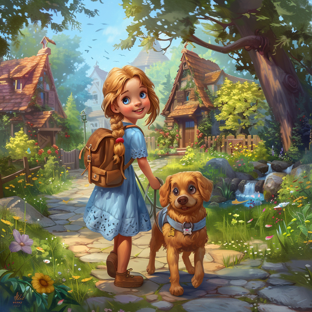 A quaint village with stone-paved paths, wooden cottages, gardens, and meadows. A young girl, 5-6 years old, with golden hair, blue eyes, and a high nose bridge, wearing a blue lace dress and carrying a small backpack, exploring the forest with her medium-sized brown dog, Max, with perky ears and bright eyes. They are discovering sparkling streams and hidden trails in the forest.
