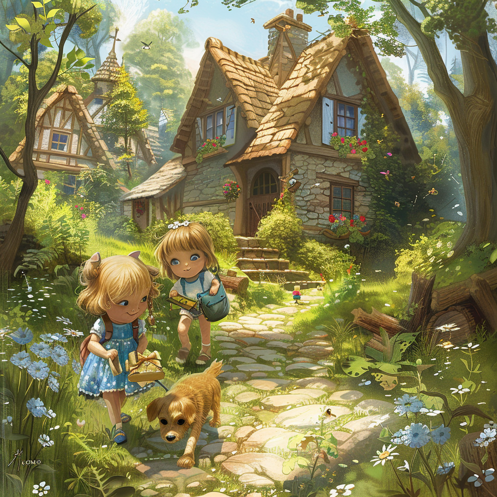 A quaint village with stone-paved paths, wooden cottages, gardens, and meadows. A young girl, 5-6 years old, with golden hair, blue eyes, and a high nose bridge, wearing a blue lace dress and carrying a small backpack, exploring the forest with her medium-sized brown dog, Max, with perky ears and bright eyes. They are discovering sparkling streams and hidden trails in the forest.
