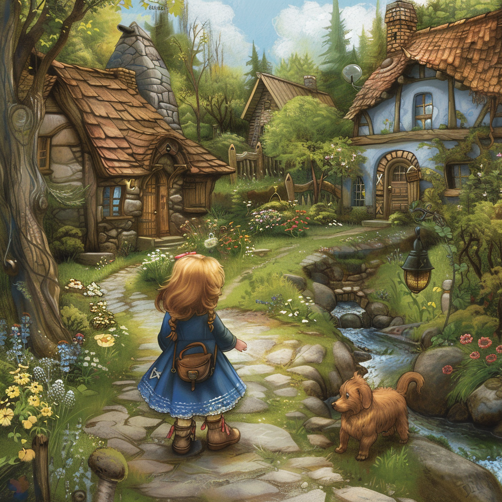 A quaint village with stone-paved paths, wooden cottages, gardens, and meadows. A young girl, 5-6 years old, with golden hair, blue eyes, and a high nose bridge, wearing a blue lace dress and carrying a small backpack, exploring the forest with her medium-sized brown dog, Max, with perky ears and bright eyes. They are discovering sparkling streams and hidden trails in the forest.
