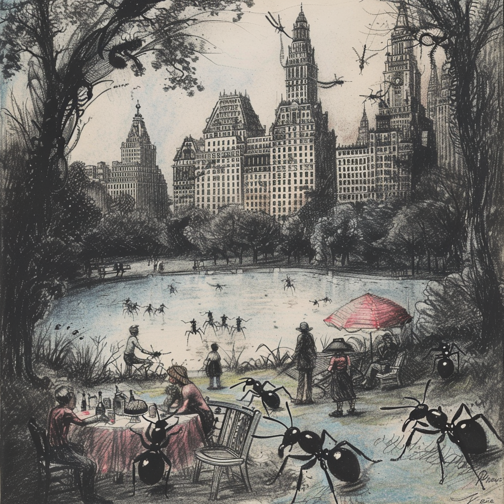 A surrealist drawing of ants attacking a family picnic in Central Park.