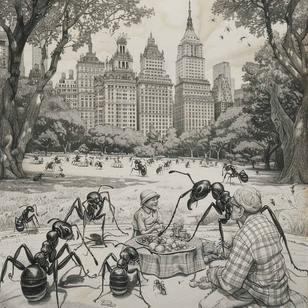 A surrealist drawing of ants attacking a family picnic in Central Park.