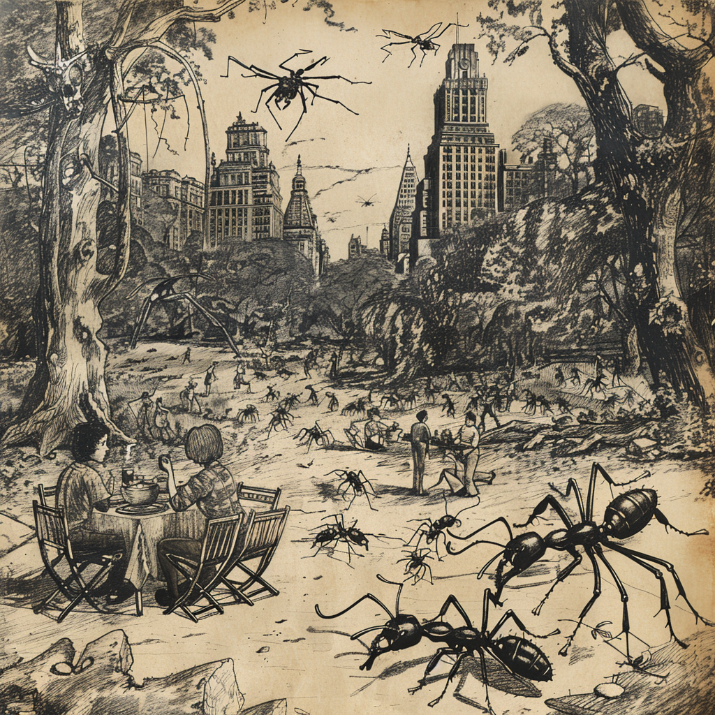 A surrealist drawing of ants attacking a family picnic in Central Park.