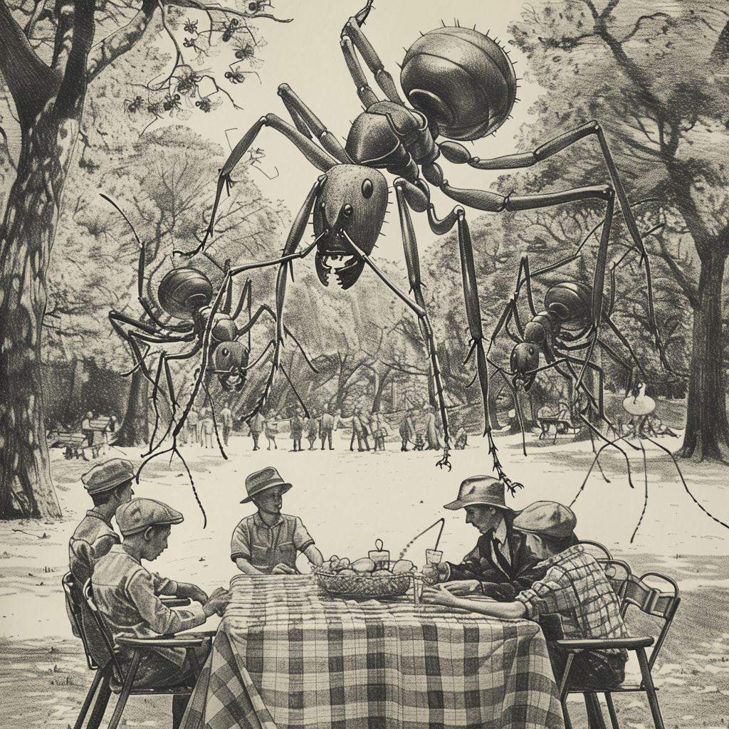 A surrealist drawing of ants attacking a family picnic in Central Park.