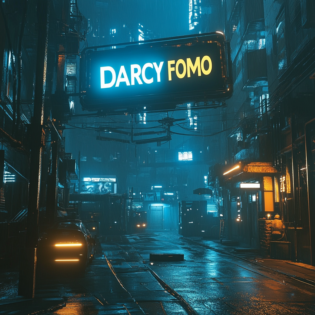 a display panel in a cyberpunk city displaying the text "DARCY FOMO"