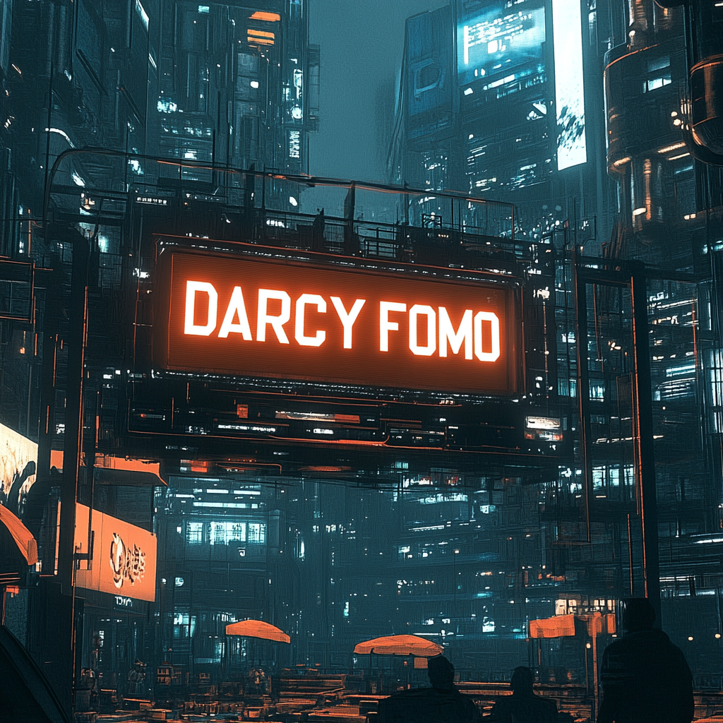 a display panel in a cyberpunk city displaying the text "DARCY FOMO"