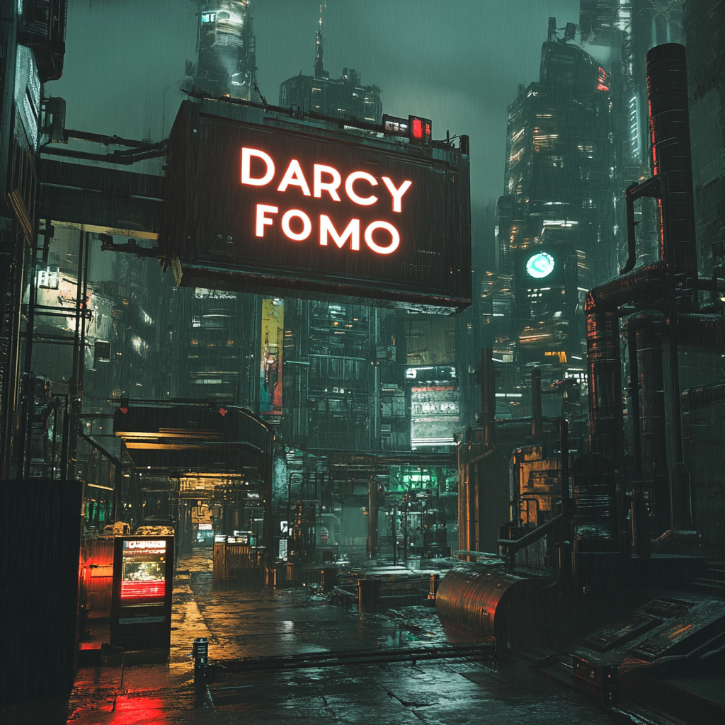 a display panel in a cyberpunk city displaying the text "DARCY FOMO"