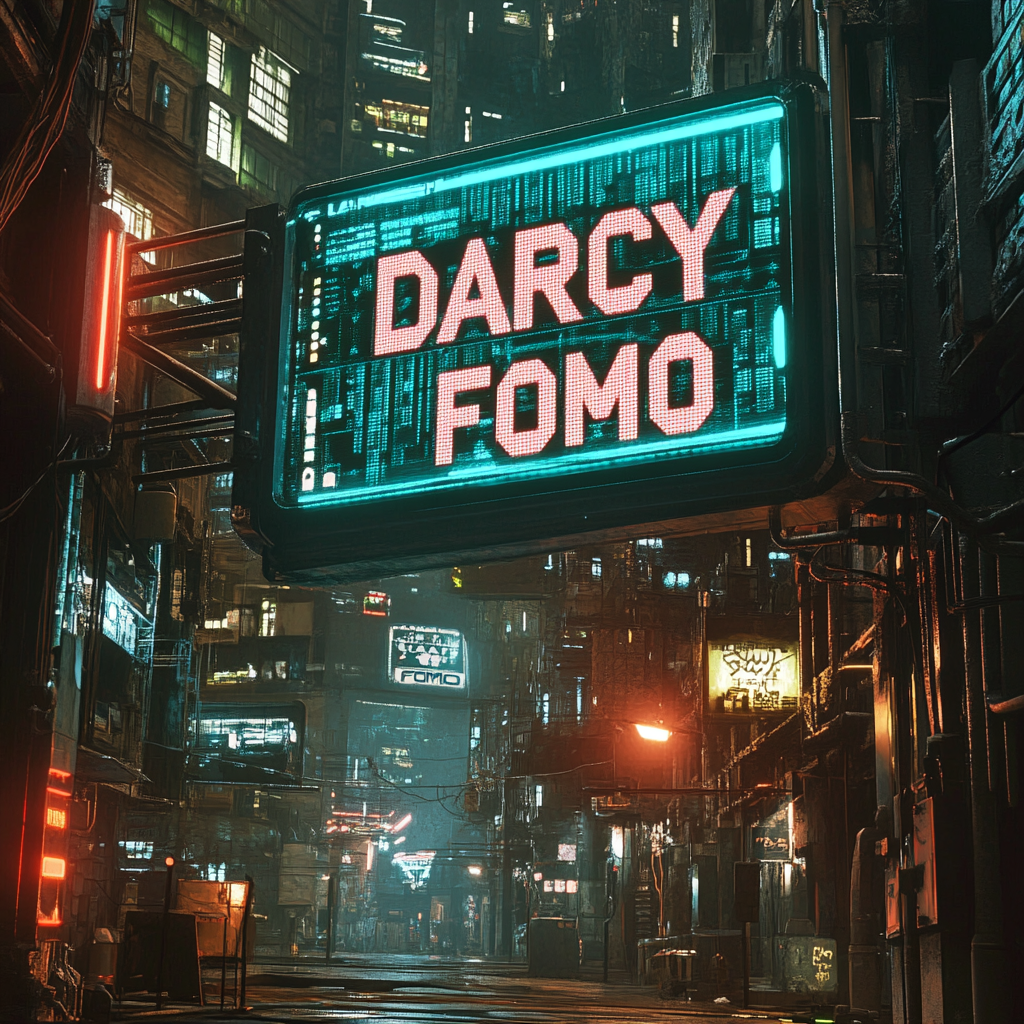 a display panel in a cyberpunk city displaying the text "DARCY FOMO"