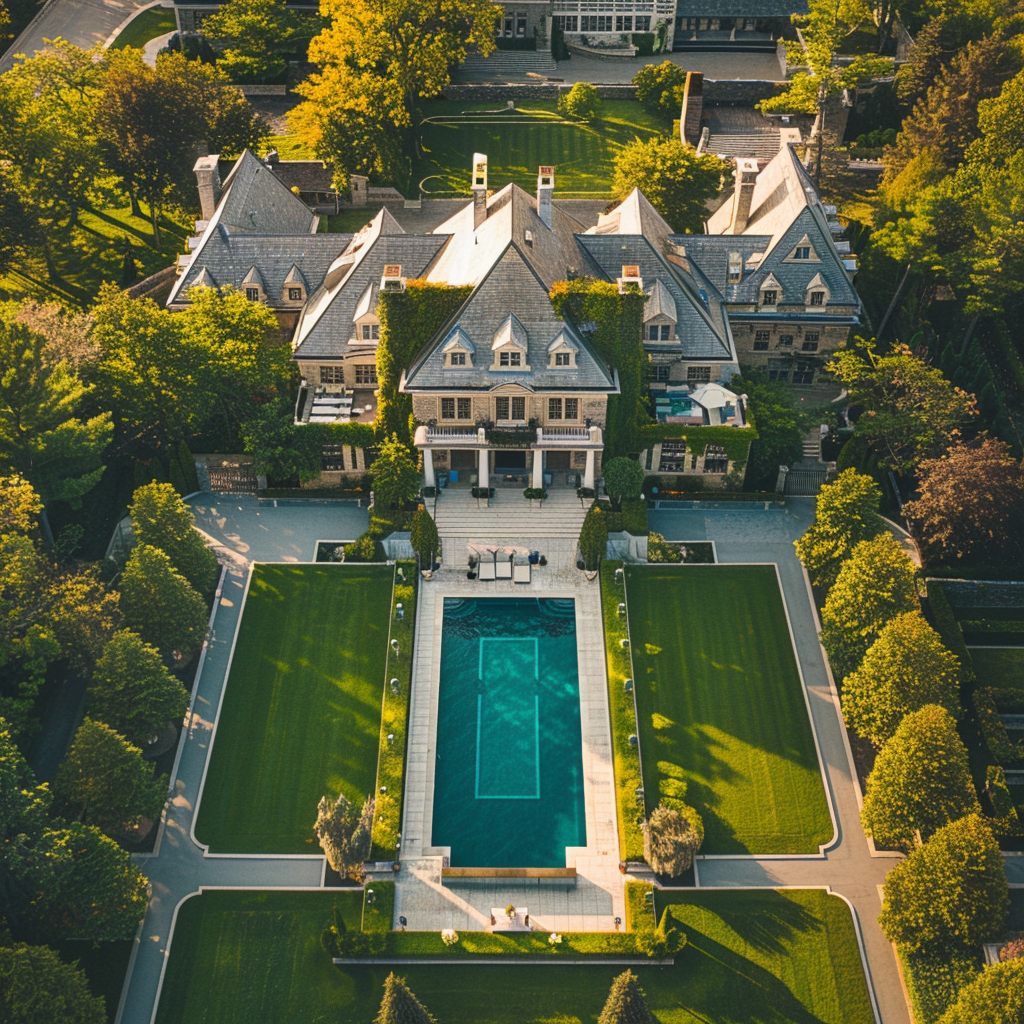 Aerial view of a luxury mansion in the middle of a large lawn with an outdoor pool and many trees, luxury home design, architectural photography, in the style of luxury home design.