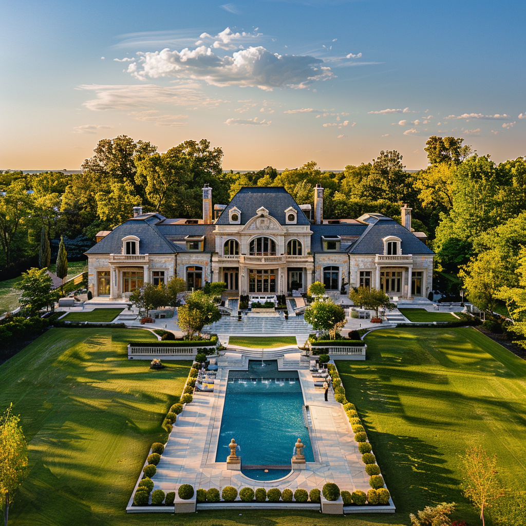 Aerial view of a luxury mansion in the middle of a large lawn with an outdoor pool and many trees, luxury home design, architectural photography, in the style of luxury home design.