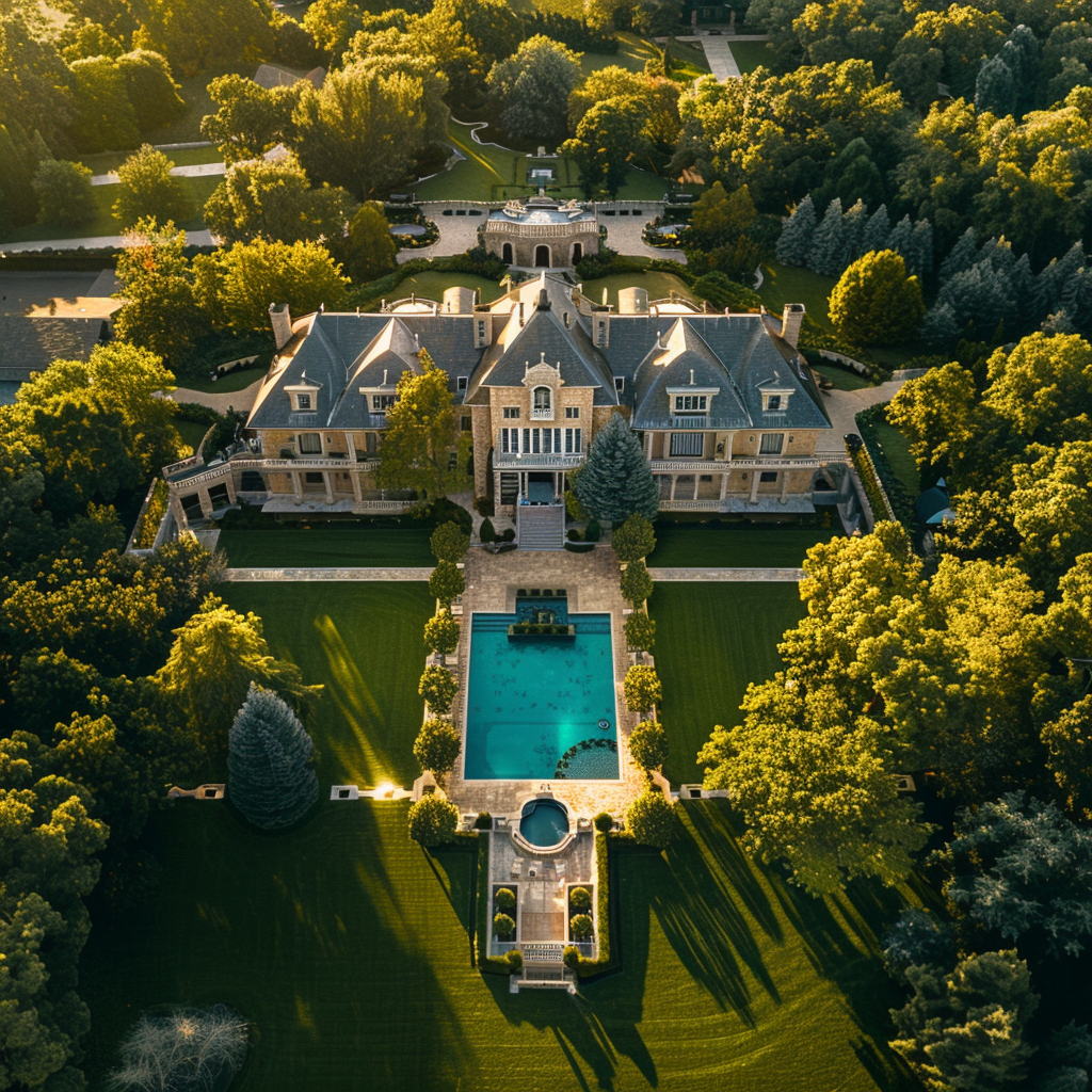 Aerial view of a luxury mansion in the middle of a large lawn with an outdoor pool and many trees, luxury home design, architectural photography, in the style of luxury home design.