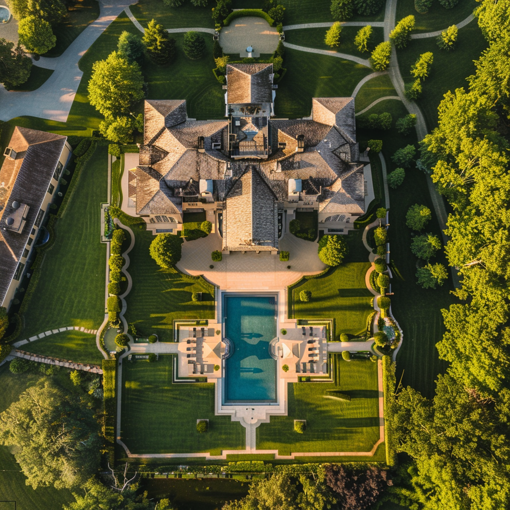 Aerial view of a luxury mansion in the middle of a large lawn with an outdoor pool and many trees, luxury home design, architectural photography, in the style of luxury home design.