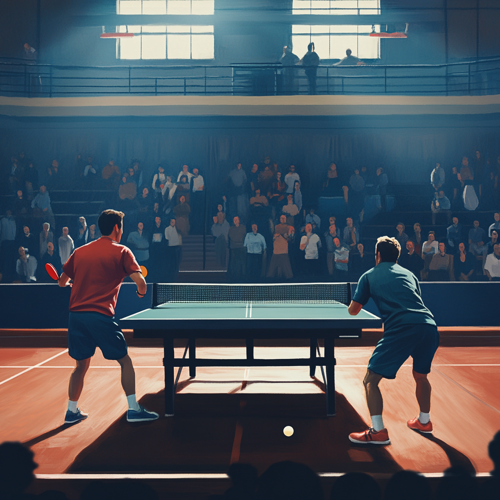 A fast-paced game of ping pong in a vibrant sports hall. Two players, focused and agile, engage in a thrilling rally. The sound of the ball hitting the table and the players' quick movements fill the air. Spectators cheer and applaud, adding to the energetic atmosphere. The players' intense concentration and the competitive spirit make for an exciting match.