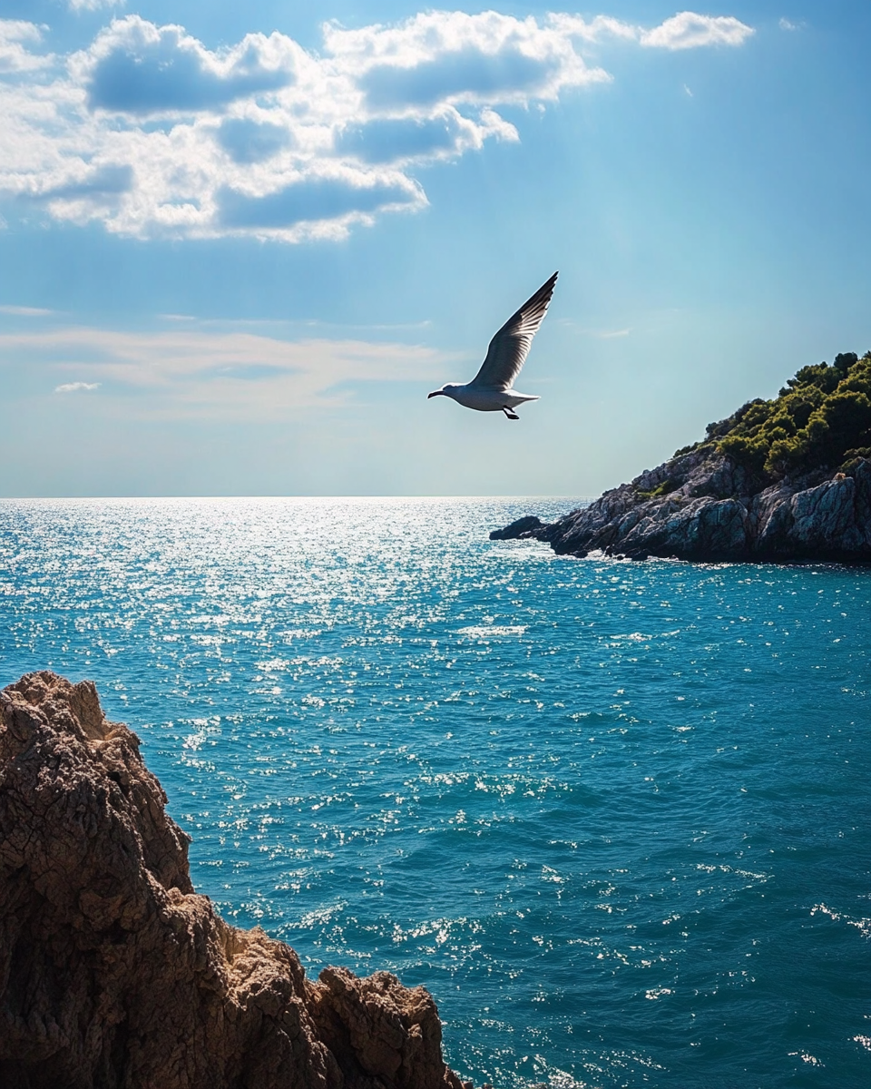 a bird flying over the sea