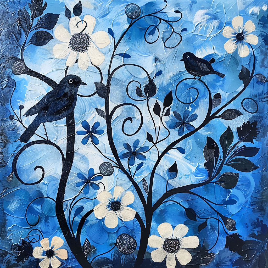 a lovely blue and black day with flowers and birds