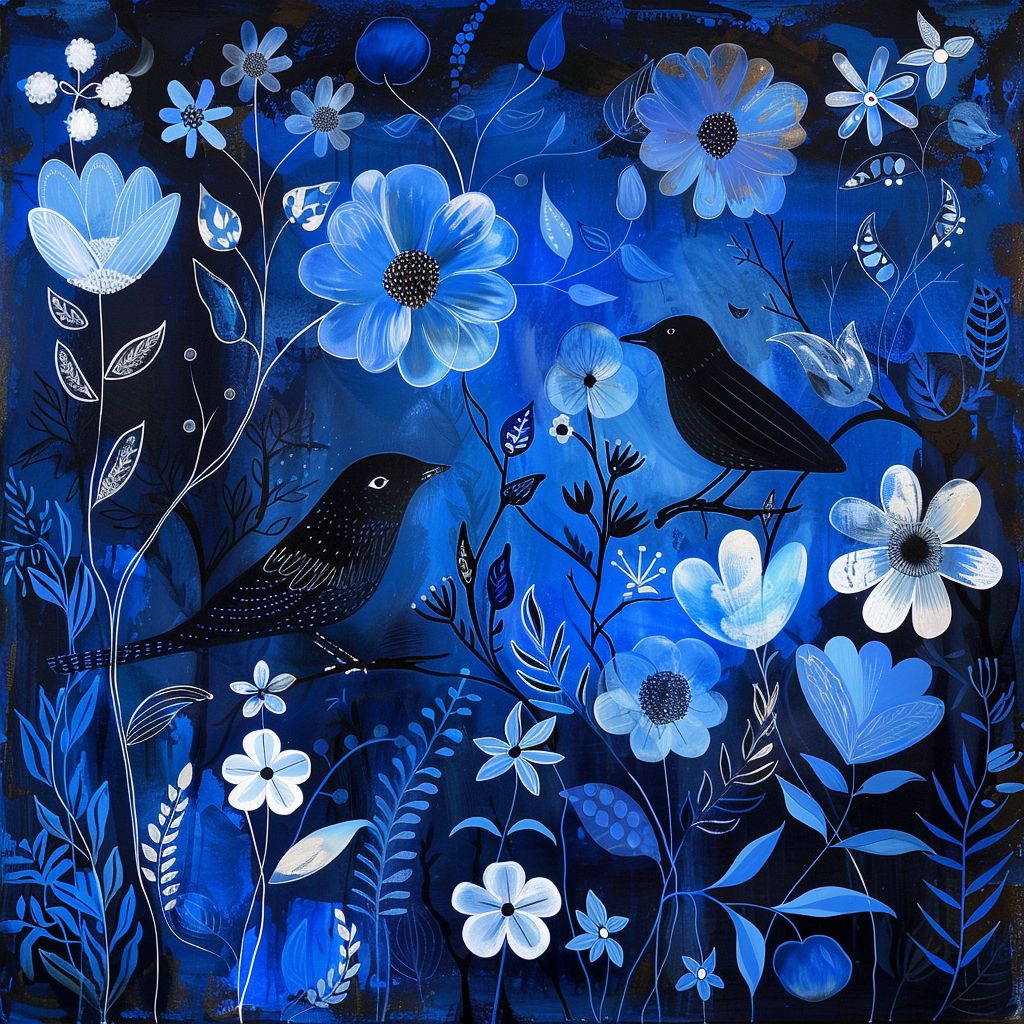 a lovely blue and black day with flowers and birds