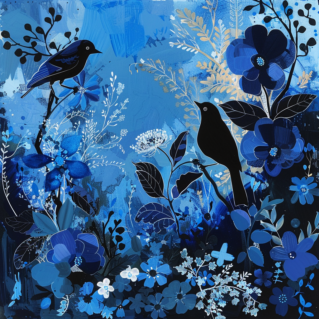 a lovely blue and black day with flowers and birds